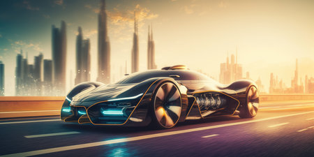 Futuristic electric car, super car driving on city highway road with motion blur. distinct generative AI image.の素材