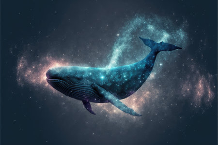 Swimming whale among fantasy abstract art in outer space among particles starry. Concept of glowing nebula with aquatic spouting star dust. Finest generative AI.の素材