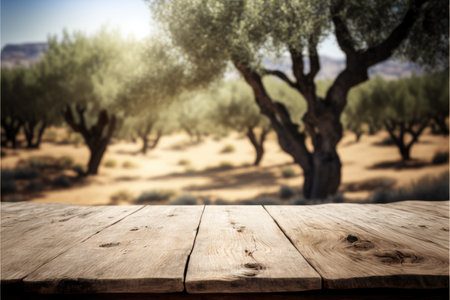 Focus empty wood table with blurred natural olive tree background. Concept of blank space for advertising product. Finest generative AI.の素材