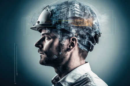 Technological engineer portrait ensuring high-quality and precise production quota on factory assembly line in wondrous double exposure. Manufacturing engineering technology concept by Generative AI.の素材