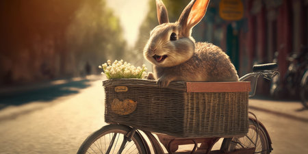 rabbit have fun bicycle ride on sunshine day in summer on town streetの素材