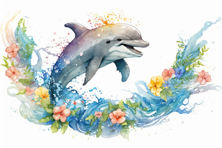 Happy dolphin in hand drawing watercolor style with summer flower decoration. distinct generative AI image.の素材