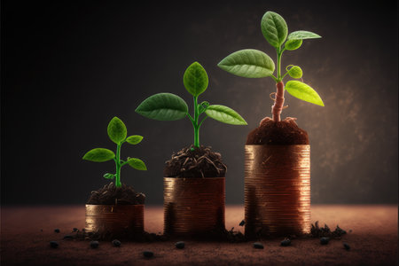 Business concept by growing plants on coin stack isolated on blur landscape background. Theme of glowing young plant from seed in the forest. Finest generative AI.の素材