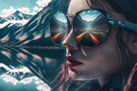 Adventure and natural travel in the wondrous mountain landscape and beautiful sky concept portrayed by young woman wearing sunglasses with reflection of the nature environment by Generative AI.の素材