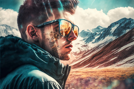 Sunglasses mirrored reflection of the wondrous mountain path and sunny sky portrayed by hiker man in natural adventurous and nature exploring concept by Generative AI.の素材