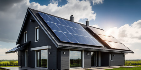 Solar panel on home roof of suburban villa clean sustainable electrical sourceの素材