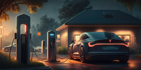 Electric car EV charging battery at charger station. distinct generative AI image.の素材