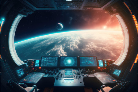 Outer view of spaceship window with control system room. Abstract discover new planet in space. Finest generative AI.の素材