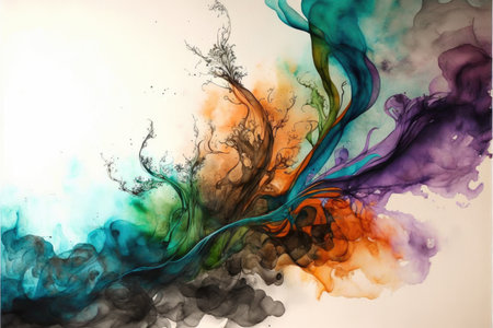 Abstract art in colorful watercolor with floating smoke isolated on vintage background. Concept of technique brushing color design. Finest generative AI.の素材