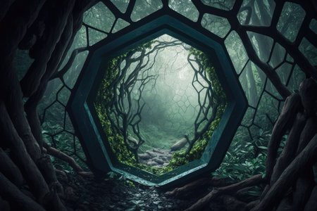 The hidden hexagon tunnel of the mysterious forest. distinct generative AI image.の素材