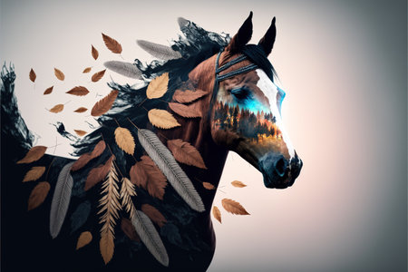 Horse with double exposure with natural forest landscape background as concept of animal in natural adventure in the wilderness with animal artwork. Superb Generative AI.の素材