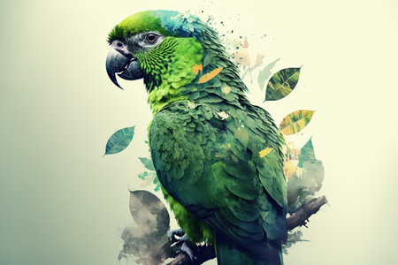Contemporary abstract artwork double exposure of green parrot and forest landscape design, concept of animal and natural wilderness adventure. Superb Generative AI.の素材