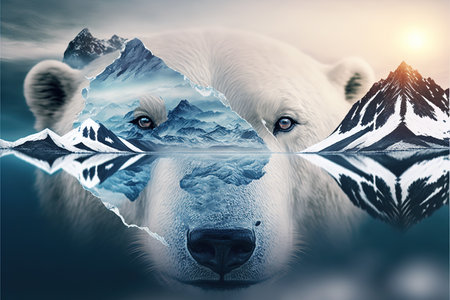 image shown by polar bear suffer due to melting ice caused by the impact of climate change on double exposure of global warming turning arctic hotter in background. Superb Generative AI.の素材
