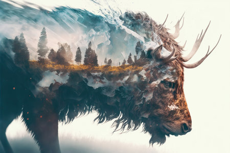 American male bison grazing on grassland with double exposure background of natural scenery in yellowstone. Large mammal body with fur and horn. Superb Generative AI.の素材