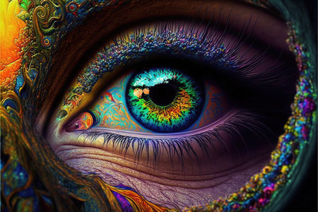 Macro closeup vivid colorful eye in creative makeup texture design. Contemporary fantasy color pattern face and eyeball painting in realistic digital artwork. Superb Generative AI.の素材