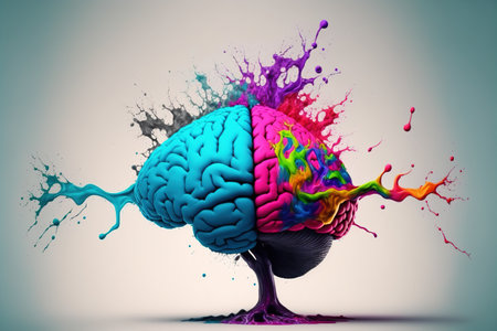 A genius human brain abstract painting art with creative watercolor splash showing concept of psychology inspiration creativity emotion and wisdom . Admirable Generative AI image .の素材
