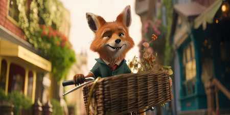 fox have fun bicycle ride on sunshine day in summer on town streetの素材