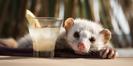 Ferret is on summer vacation at seaside resort and relaxing on summer beachの素材