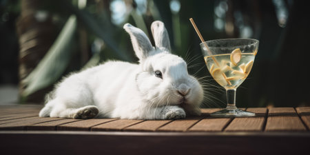 rabbit is on summer vacation at seaside resort and relaxing on summer beachの素材
