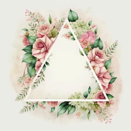 Triangle or diamond shape frame of pink flower and green leaves with watercolor painting isolated on white background. Theme of vintage minimal art design in geometric. Finest generative AI.の素材