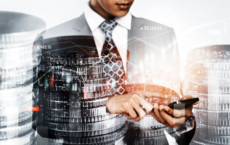 Businessman analyst working with digital finance business data graph showing technology of investment strategy for perceptive financial business decision. Digital economic analysis technology concept.の写真素材