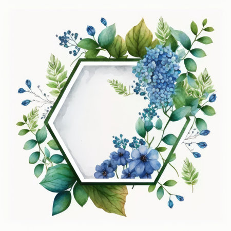 Hexagon frame of blue flower and green leaves with watercolor painting isolated on white background. Theme of vintage minimal art design in geometric. Finest generative AI.の素材