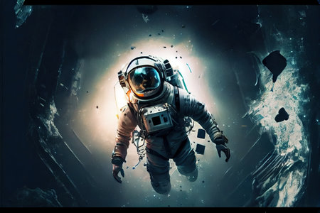 Zero G emergency space evacuation concept, astronaut floating and escaping in futuristic interior of scifi space station or destroyed spaceship. Space rescue team concept. Superb Generative AIの素材