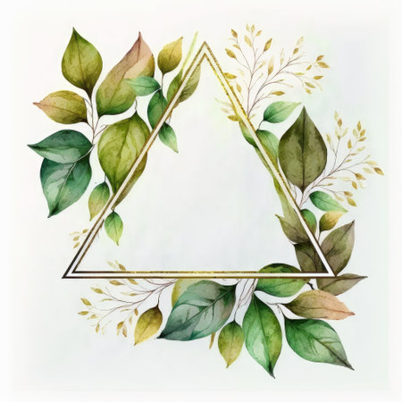 Triangle frame of green leaves with watercolor painting with watercolor painting isolated on white background. Theme of vintage minimal art design in geometric. Finest generative AI.の素材