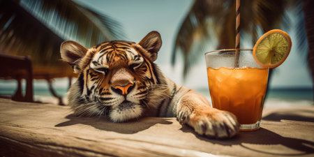 tiger is on summer vacation at seaside resort and relaxing on summer beachの素材