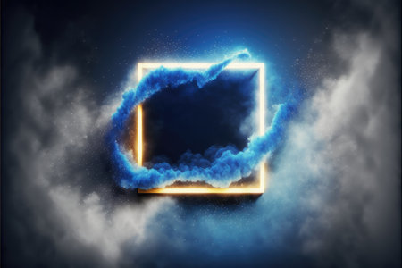 Abstract futuristic neon frame with geometric shape and stormy cloud on night sky. Concept of exploding mist with golden and blue color through frame picture. Finest generative AI.の素材