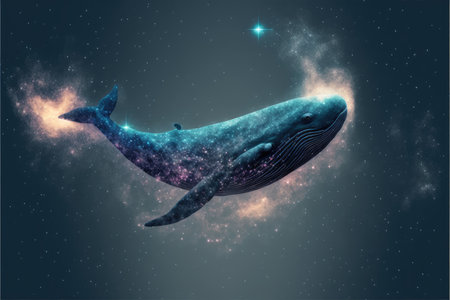 Swimming whale among fantasy abstract art in outer space among particles starry. Concept of glowing nebula with aquatic spouting star dust. Finest generative AI.の素材