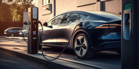 Electric car EV charging battery at charger station. distinct generative AI image.の素材