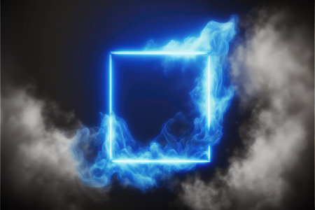 Abstract of glowing smoke square frame illuminated with neon light on darkness sky view. Concept of futuristic minimal geometric shape in paradise. Finest generative AI.の素材