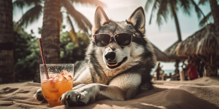 wolf is on summer vacation at seaside resort and relaxing on summer beachの素材