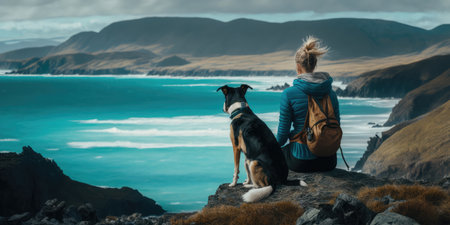 Young beautiful woman enjoy view with her dog during hiking trip in the mountain. distinct generative AI image.の素材
