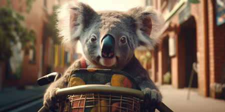koala have fun bicycle ride on sunshine day in summer on town streetの素材