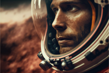Closeup portrait of futuristic astronaut futuristic on mars background. Created by the top of helmet on red planet in mysteries space concept. Finest generative AI.の素材