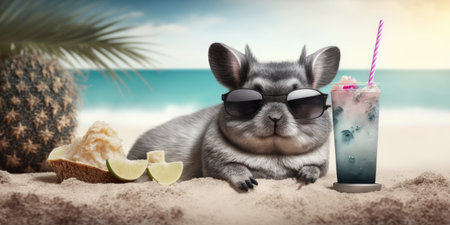 Chinchilla is on summer vacation at seaside resort and relaxing on summer beachの素材