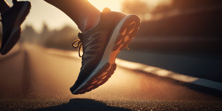 Close up view of runner sport shoes sprint running on track. distinct generative AI image.の素材