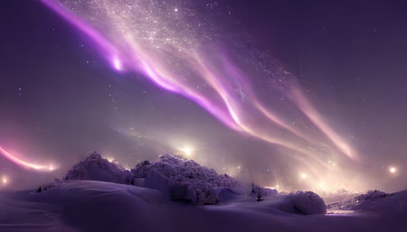 Abstract of aurora in fantastic forest with magical purple light. Concept of polar scape with mountain and river Scandinavian on northern pole. Finest generative AI.の素材