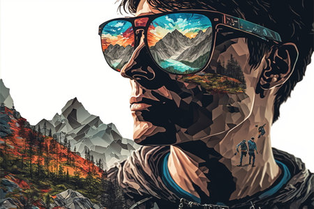 Sunglasses mirrored reflection of the wondrous mountain path and sunny sky portrayed by hiker man in natural adventurous and nature exploring concept by Generative AI.の素材