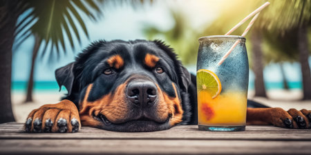 Rottweiler dog is on summer vacation at seaside resort and relaxing rest on summer beach of Hawaiiの素材