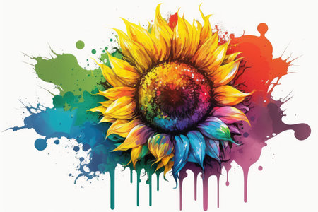 Colorful sunflower watercolor painting with splash for summer background. distinct generative AI image.の素材