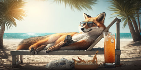 fox is on summer vacation at seaside resort and relaxing on summer beachの素材