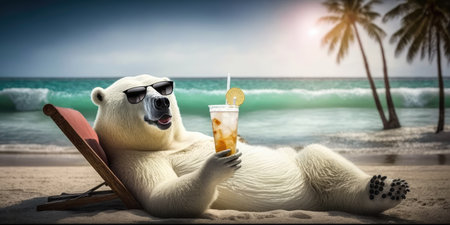 polar bear is on summer vacation at seaside resort and relaxing on summer beachの素材