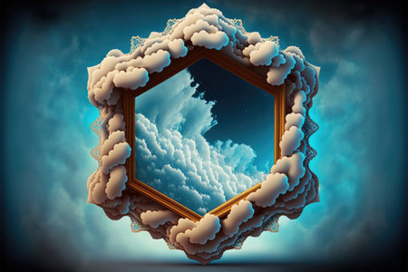 Frame made with white cloud in the sky in hexagon shape. Concept of fantasy luxurious window. Finest generative AI.の素材