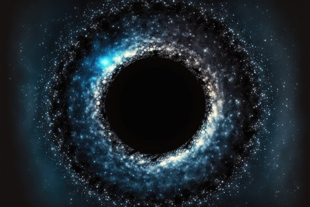 Abstract in glowing neon starlight and particles in circle shape. Concept of fantastic sparkle dust with hole frame in nebula space. Finest generative AI.の素材