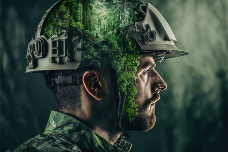 Wondrous double exposure of agronomist wearing hardhat with natural forest landscape and greenery tree as concept of sustainability energy and environmental engineering technology by Generative AI.の素材
