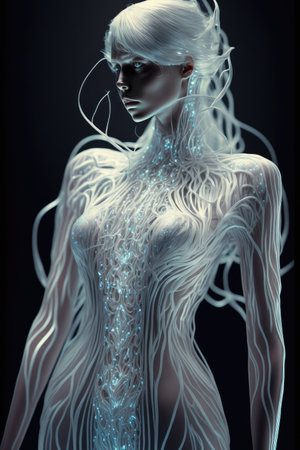 Abstract luxurious fashion design in jumpsuit. Abstract in luxury of haute couture in silicone pattern of cloth with body shape. Finest generative AI.の素材