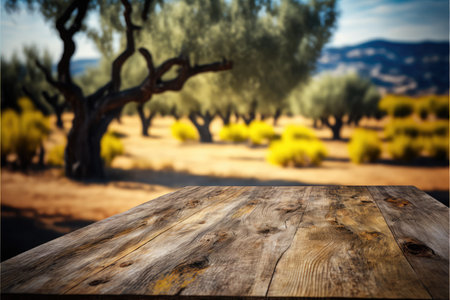 Focus empty wood table with blurred natural olive tree background. Concept of blank space for advertising product. Finest generative AI.の素材